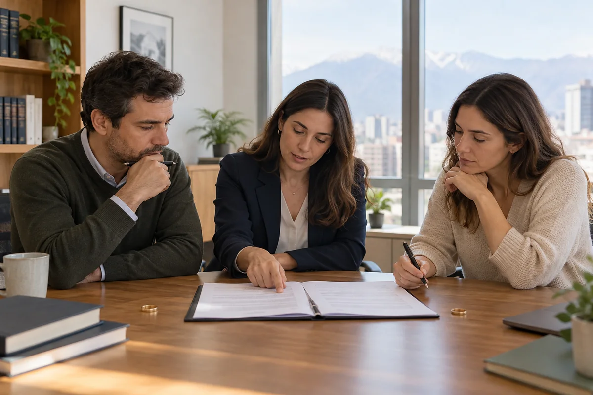 Dos cónyuges revisan un acuerdo de divorcio con orientación profesional.