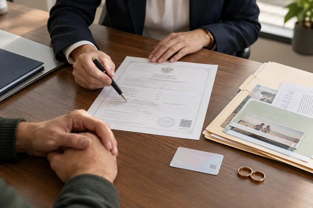 Revisión de documentos matrimoniales y antecedentes para iniciar un divorcio.