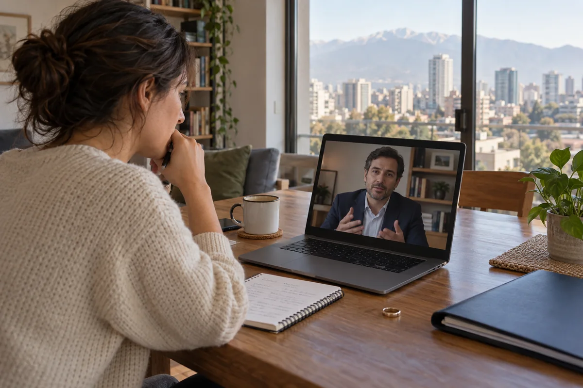 Una persona realiza una primera consulta de divorcio con un abogado por videollamada.